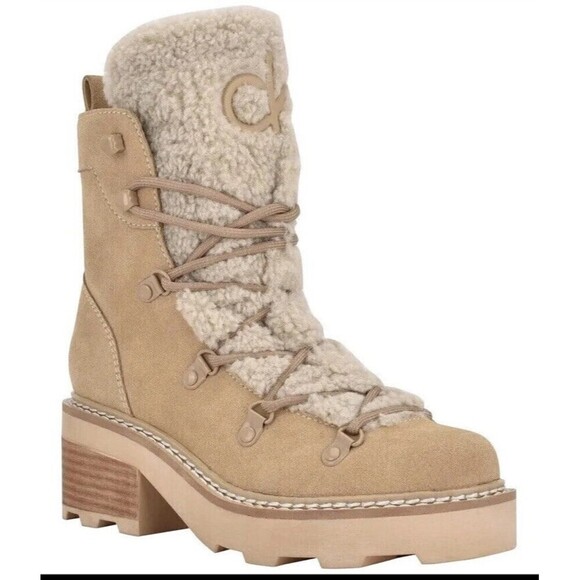 Calvin Klein Alaina Faux Shearling Boot in Light Natural Suede sz 8 - Picture 1 of 10
